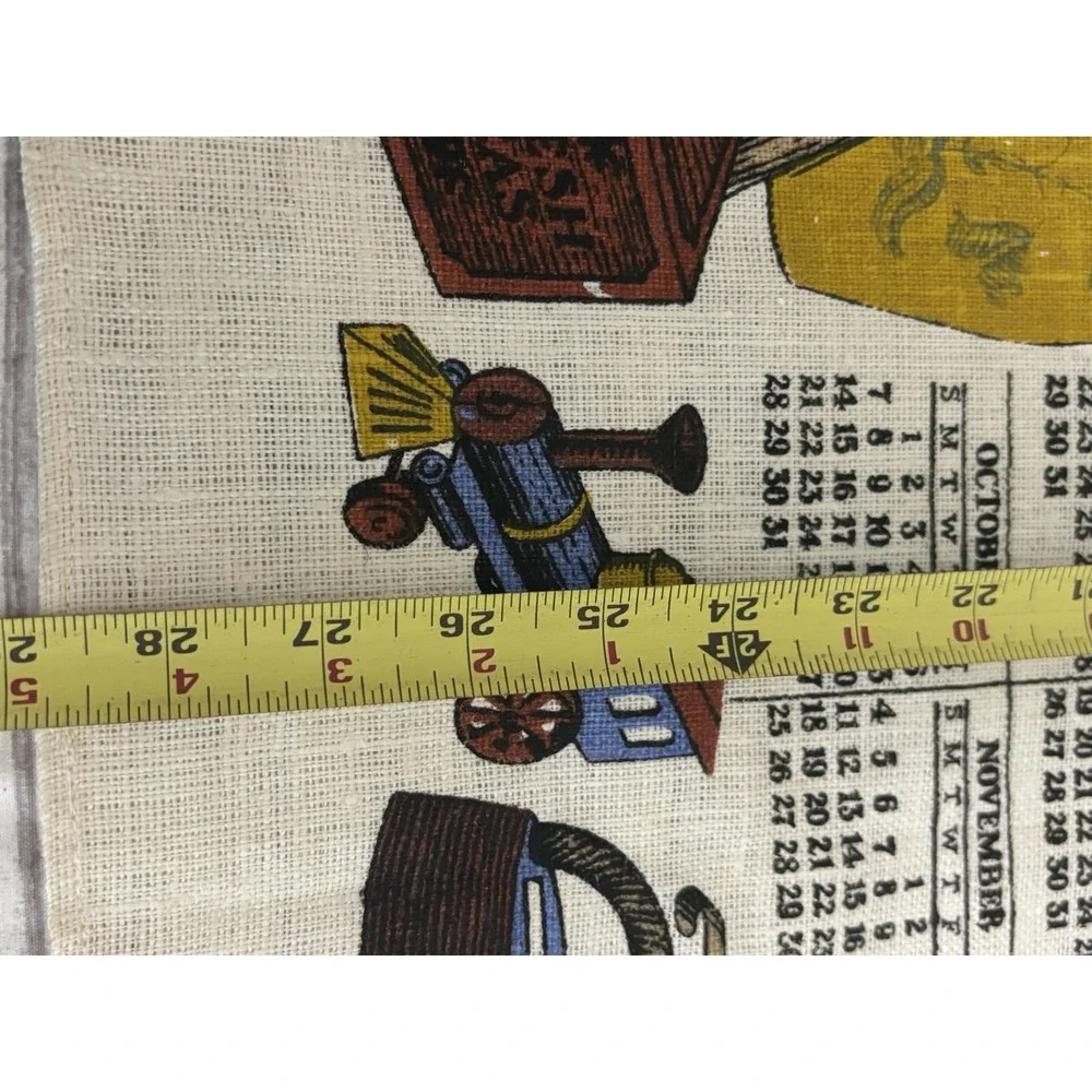 1979 Vintage MCM Linen Calendar Tea Towel Wall Hanging Country Horses Folk Art